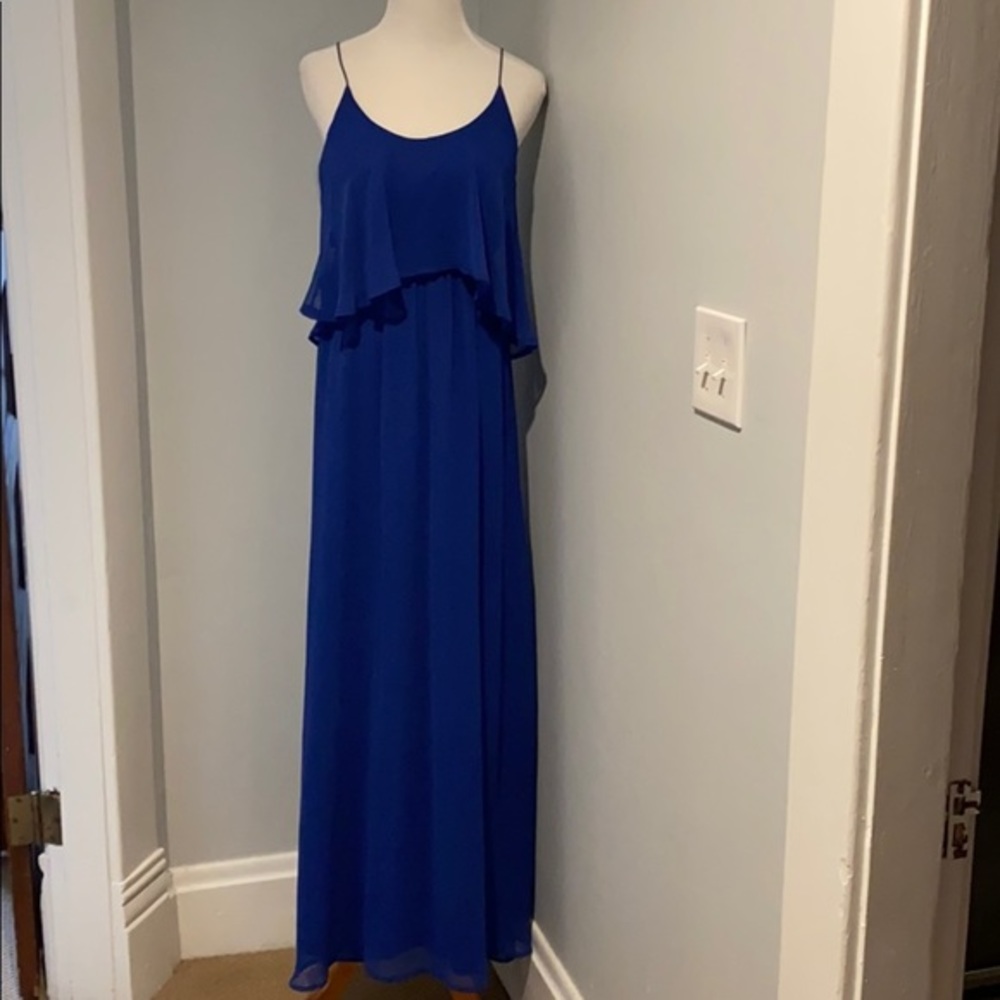Alythea Royal Blue Maxi sheer layered Cocktail Dress size small spaghetti straps